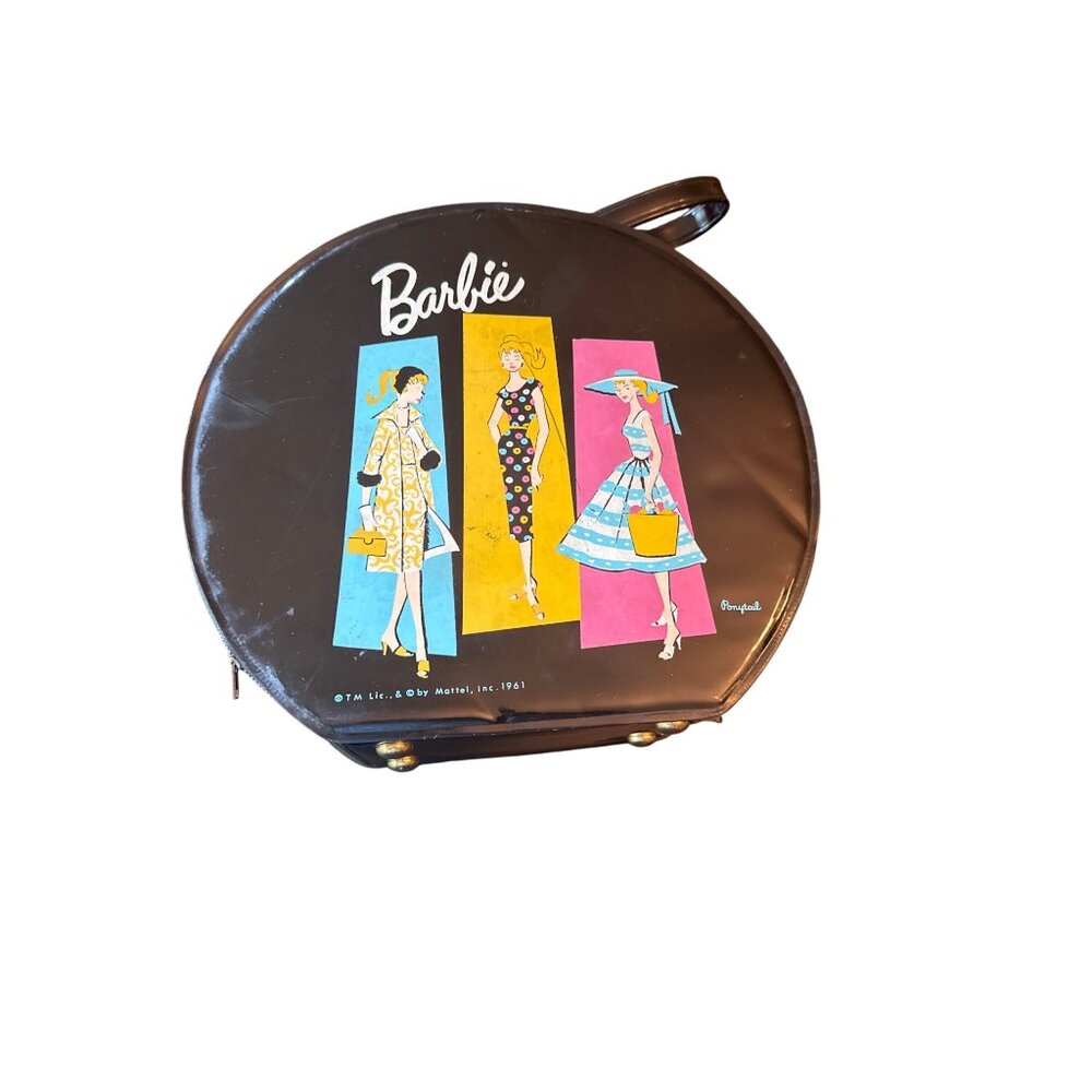 Vintage Barbie Round Black Vinyl Ponytail Case Mattel Fashion  Storage‎ Display